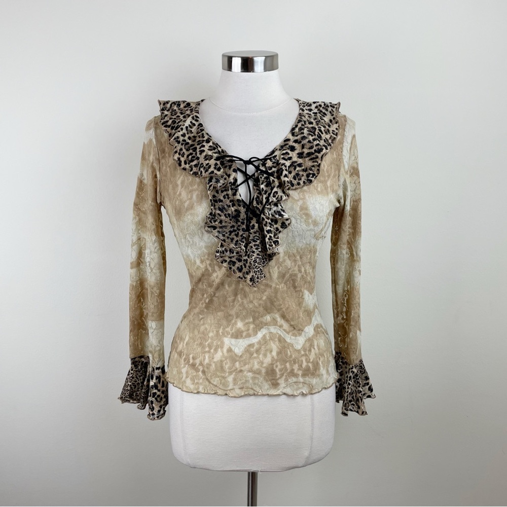 Papillon Blanc Brown Black Leopard Animal Print Ruffle Long Sleeve Blouse Top